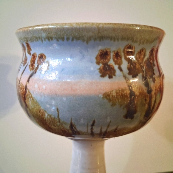 Signed Bonnie Staffel Pottery Chalice Goblet Wine Tropical Seascape Ocean Sunset - Picture 13 of 16